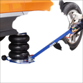 Blue vevor air jack with black triple bag hydraulic system lifting an orange vehicle up to 3 ton capacity