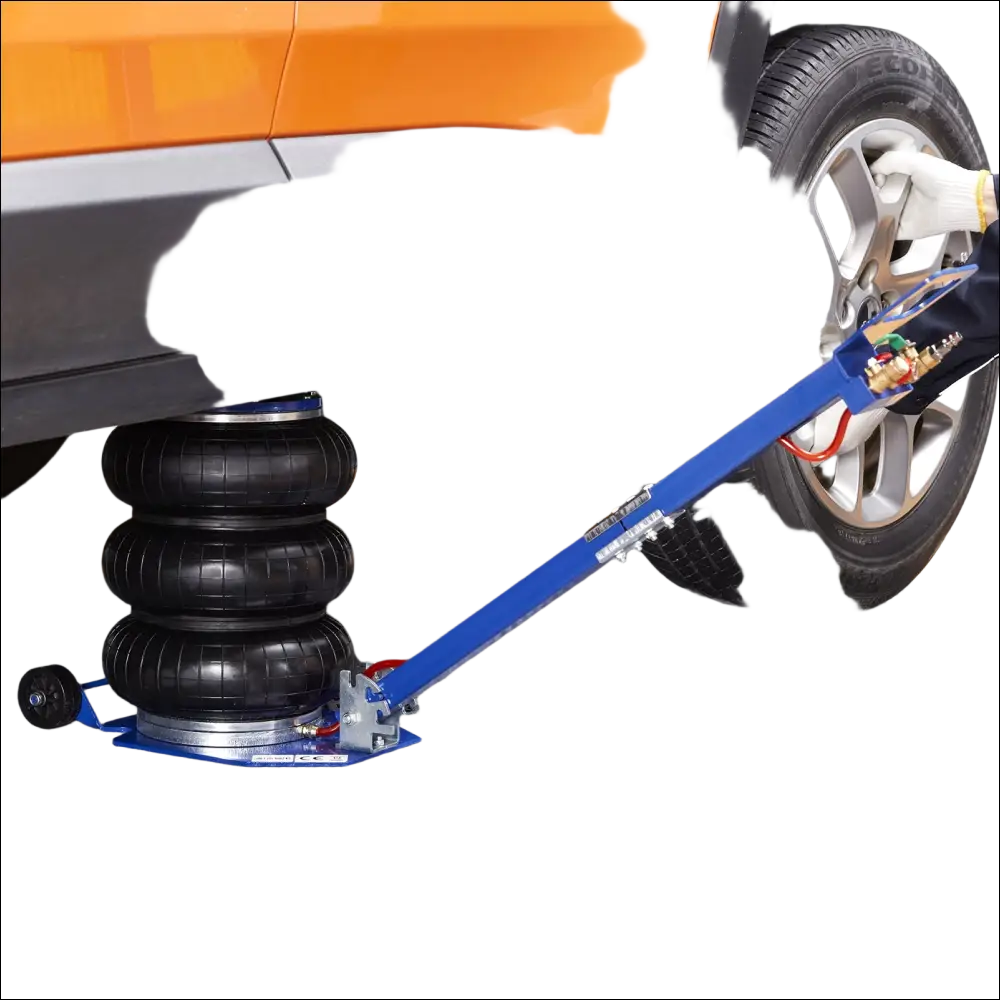 Blue vevor air jack with black triple bag hydraulic system lifting an orange vehicle up to 3 ton capacity