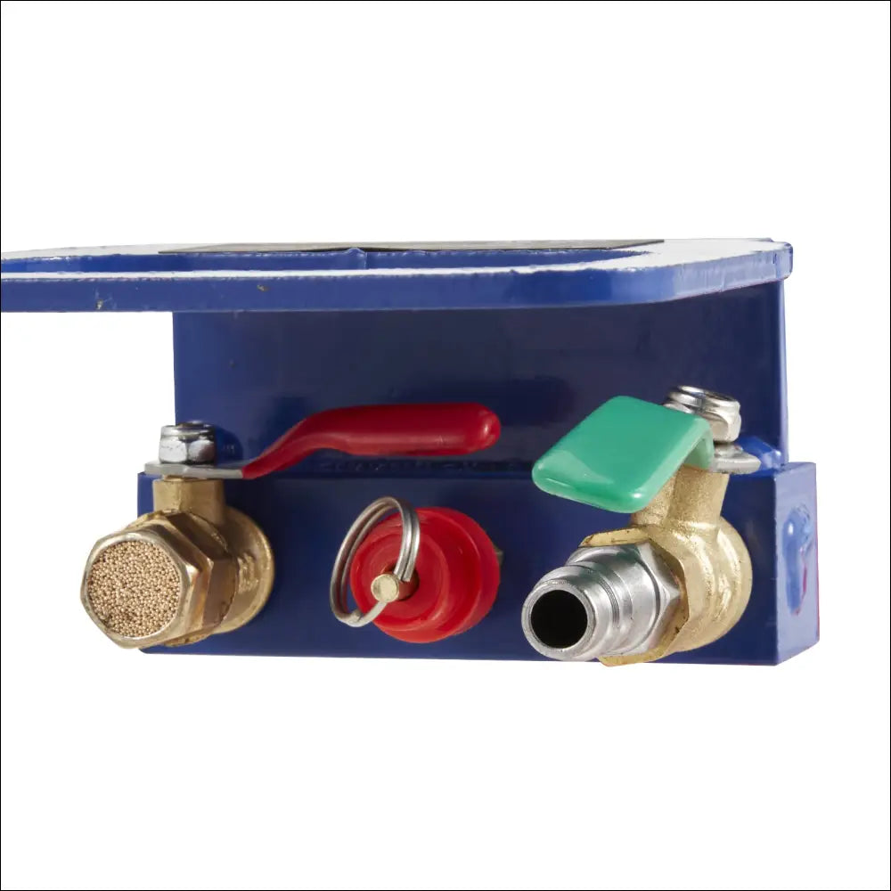 Blue industrial valve manifold with brass fittings and red green silver handles for vevor air jack 3 ton lbs triple bag