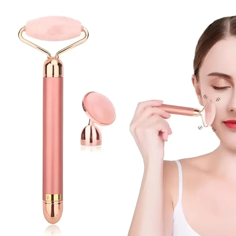Rose gold vibra beauty vibrating gemstone roller with pink jade head and detachable oval attachment for facial care