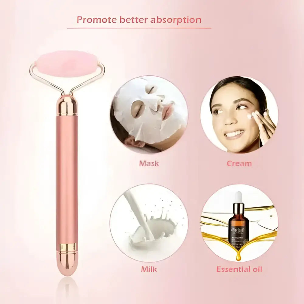 Rose gold vibra beauty vibrating gemstone roller with smooth pink jade head for facial massage and skincare
