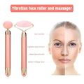 Vibra Beauty vibrating gemstone roller rose gold face massager with pink rose quartz rollers for skincare