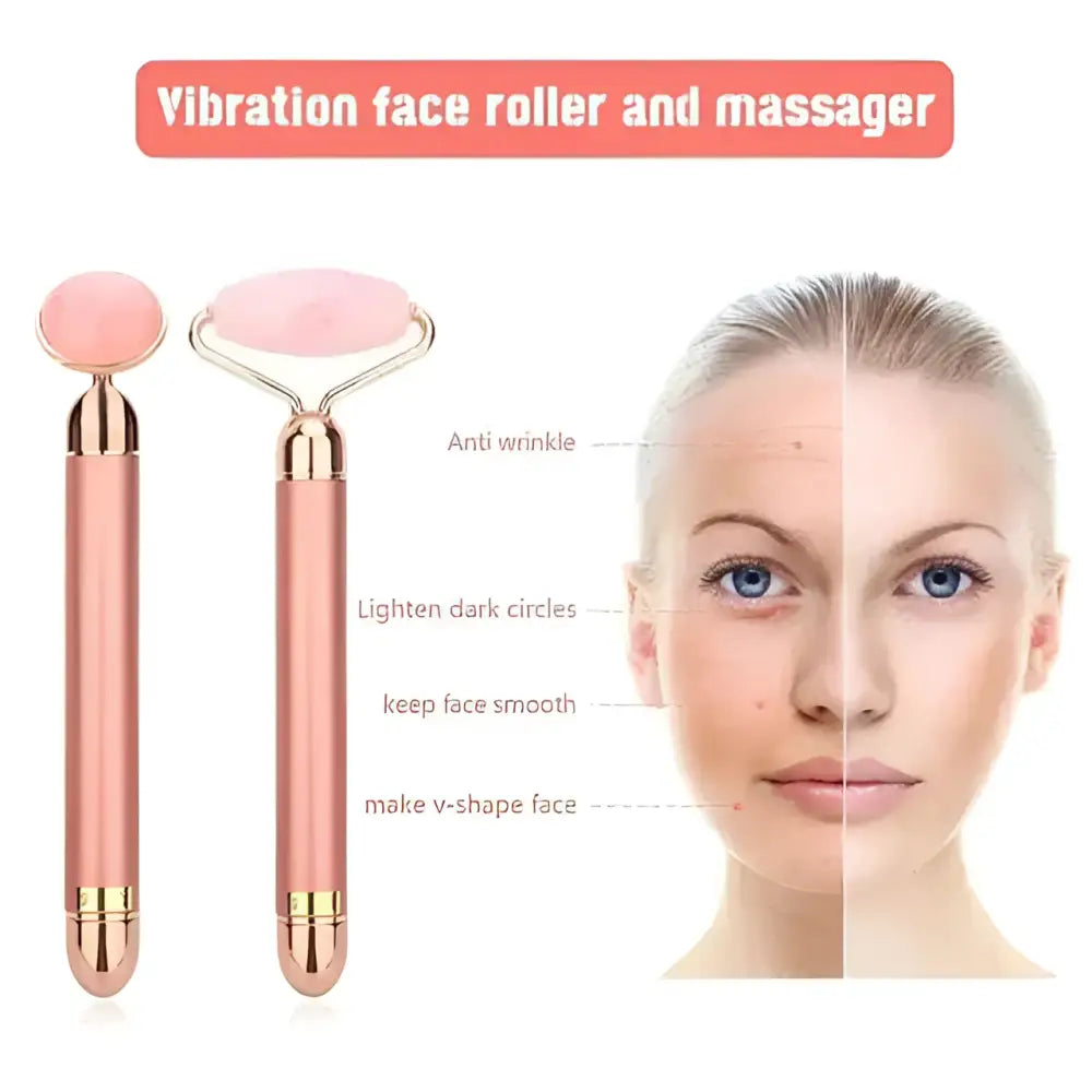 Vibra Beauty vibrating gemstone roller rose gold face massager with pink rose quartz rollers for skincare
