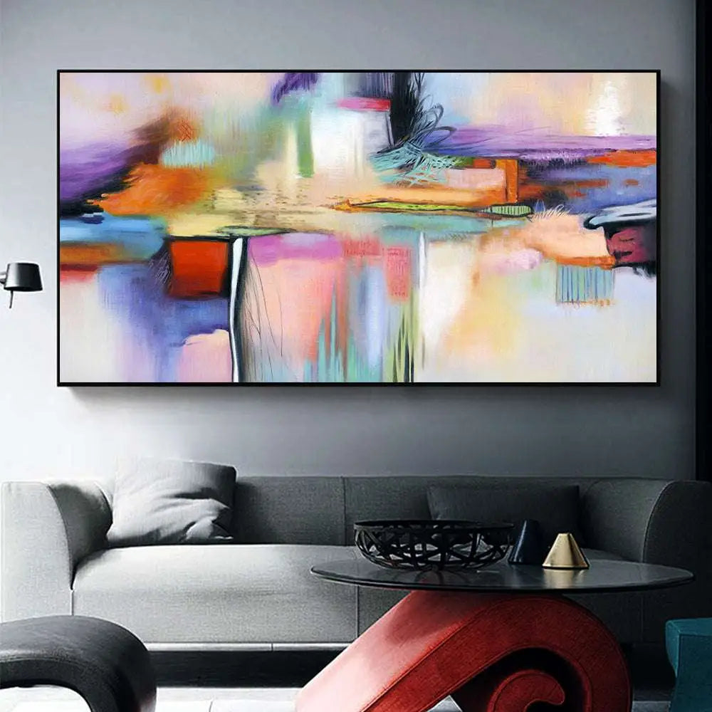 Vibrant abstract living room decorative painting with bold purple orange blue brushstrokes in sleek black frame ddhh home painting