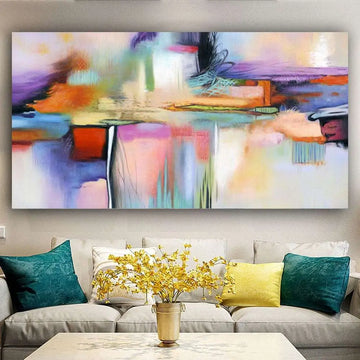 Vibrant abstract living decorative painting with bold purple orange blue strokes hanging above a sofa by ddhh home painting