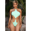 Mint green one-piece swimsuit with halter neckline and circular cutout detail as a vibrant blue cutout bikini alternative