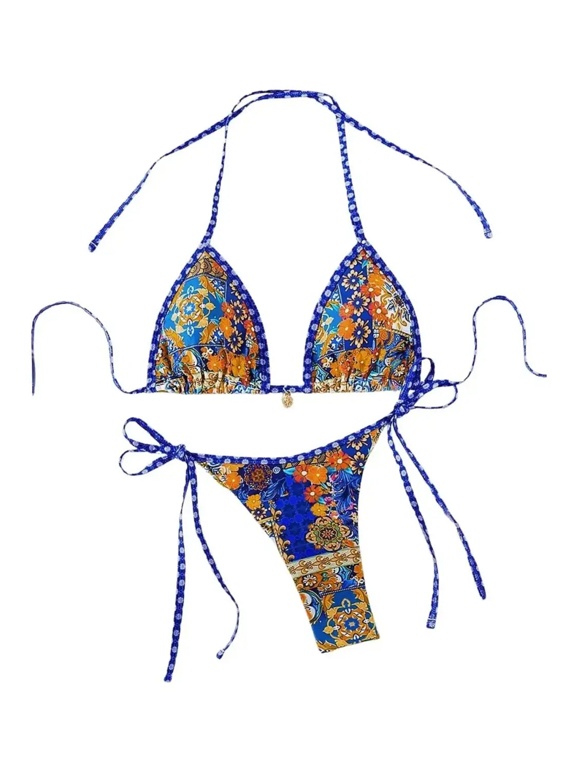 vibrant blue and gold floral-patterned triangle bikini set with tie-side detailing featured in an article on the best triangle bikini and high waist sets for 2026