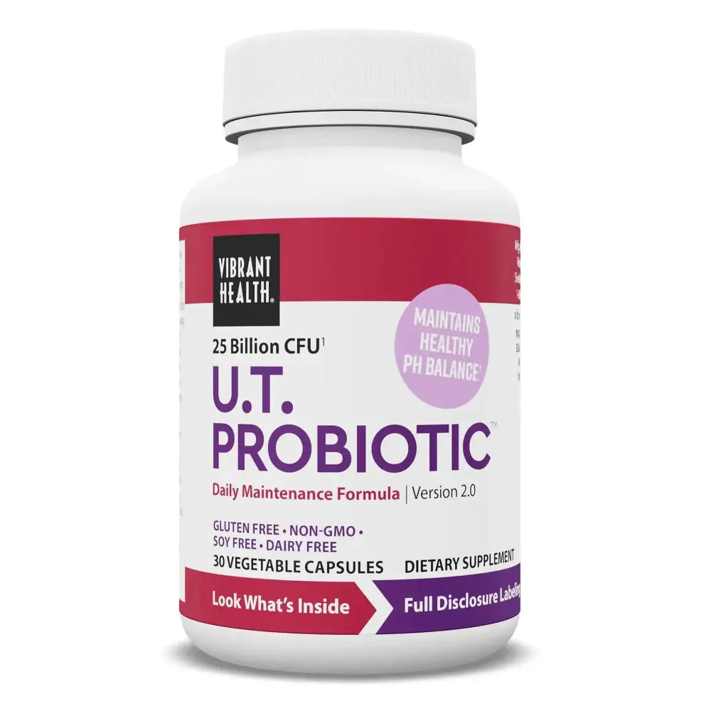White plastic bottle of vibrant health probiotic u t providing probiotic support for urogenital health