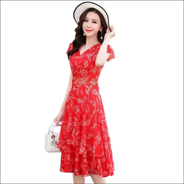 A vibrant red chiffon dress featuring delicate white leaf embroidery and a ruffled hem in a dress image