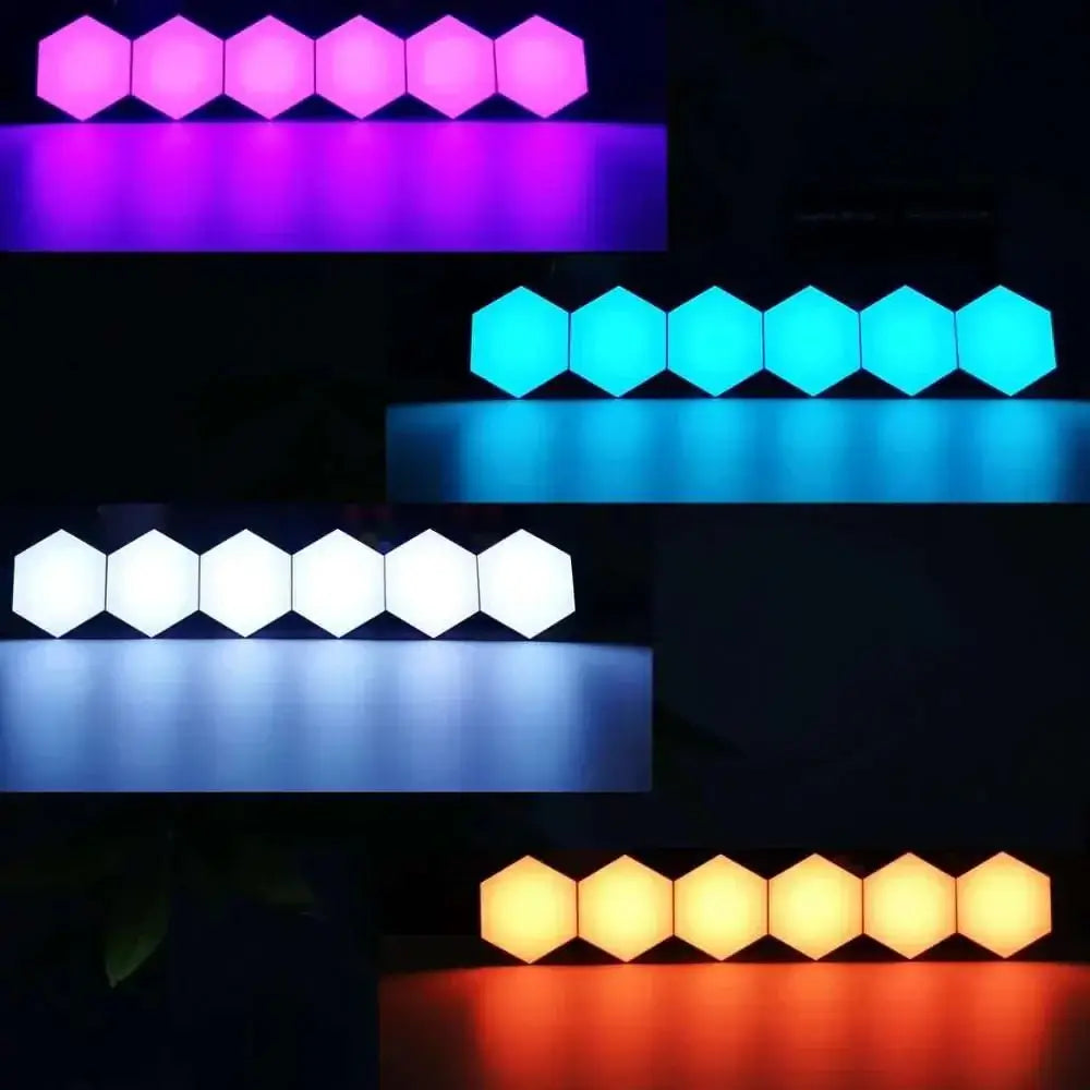 Vibrant smart hexagon lights featuring geometric led panels in purple blue white and warm yellow hues for dynamic lighting