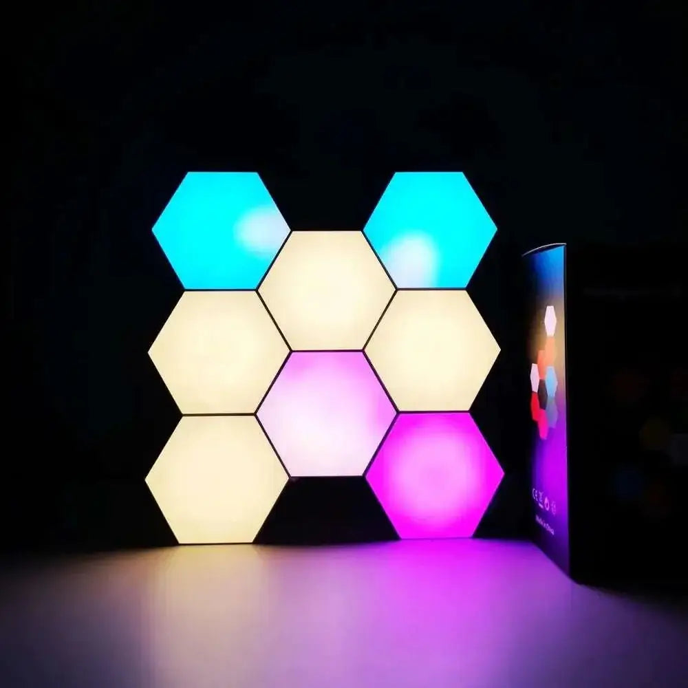 A modern smart hexagon lights panel set featuring dynamic lighting with vibrant blue, warm white, and purple hues