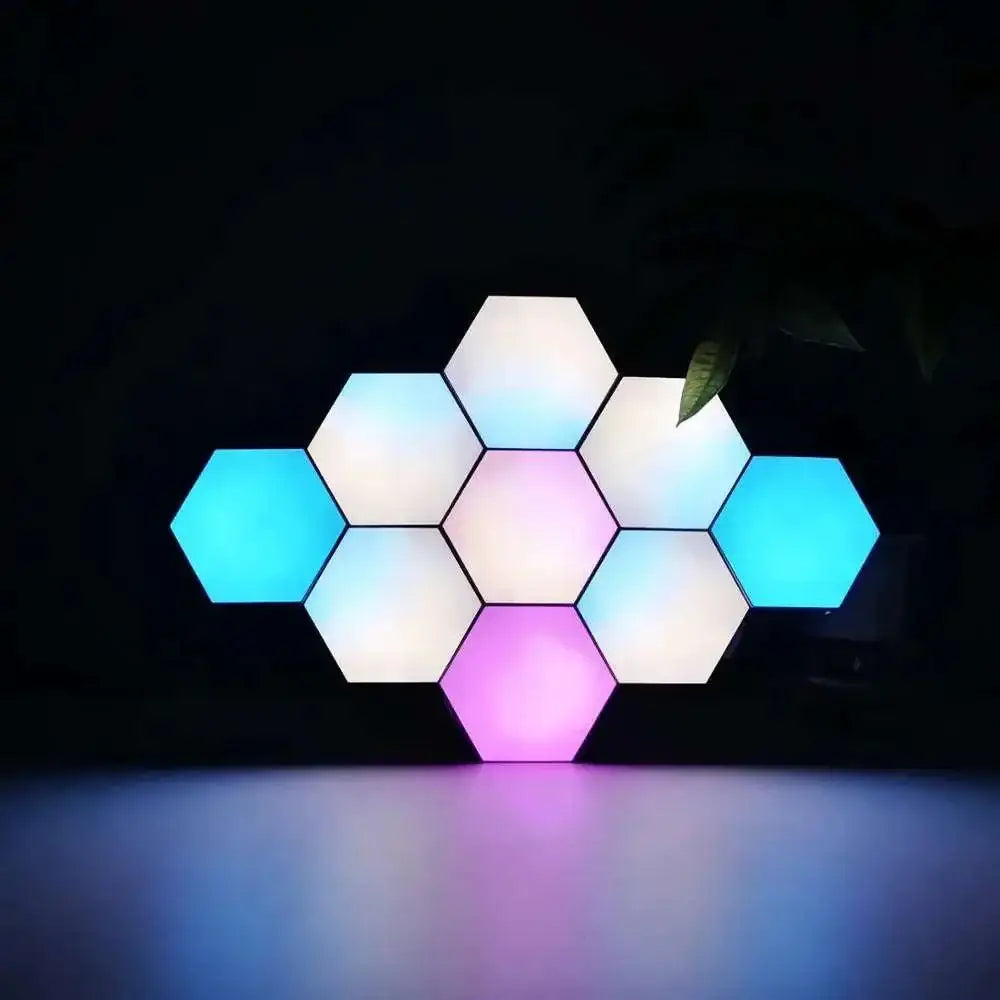 Vibrant smart hexagon lights with dynamic lighting in blue pink and orange forming a glowing geometric pattern