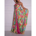 A vibrant strapless floral print maxi dress with pink green yellow and blue ruffled bodice detailing