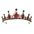 Vintage baroque alloy tiara with an ornate crown-like design featuring vibrant red and deep black gemstones