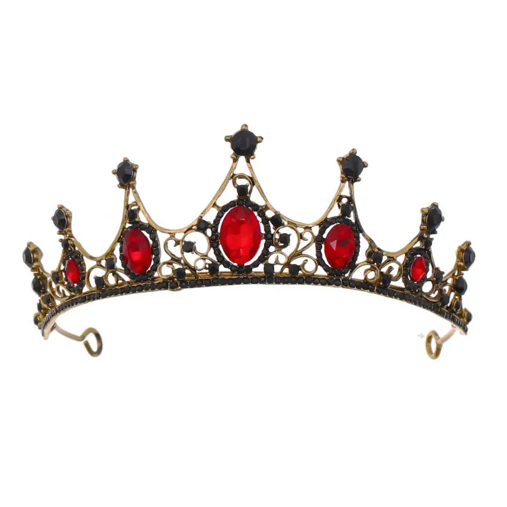 Vintage baroque alloy tiara with an ornate crown-like design featuring vibrant red and deep black gemstones