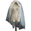 A vintage beaded lace petal headdress white bridal veil with floral embroidery and scattered pearls on a mannequin