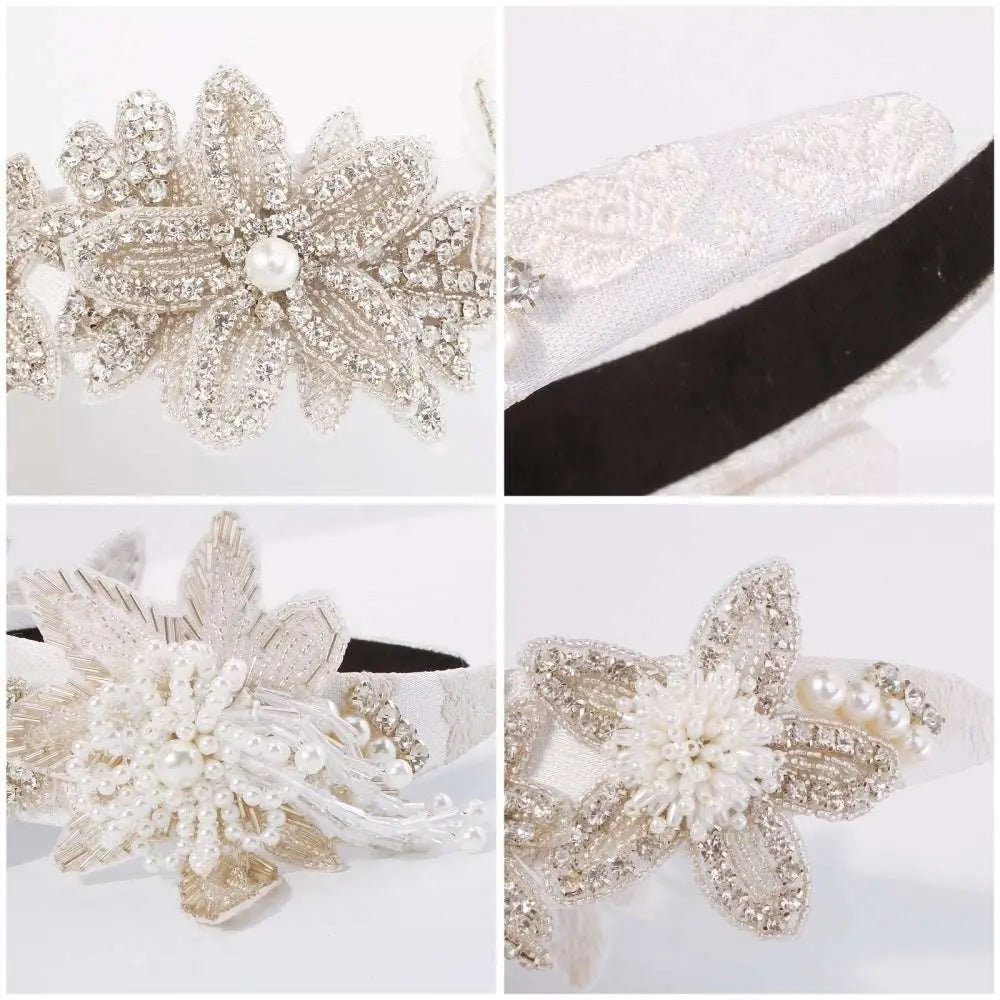 Elegant white vintage crystal floral temperament hair accessories featuring sparkling silver rhinestones lace and pearls