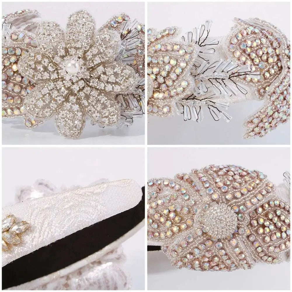 A sparkling silver vintage crystal floral temperament hair accessory headband with intricate beads and central pearl