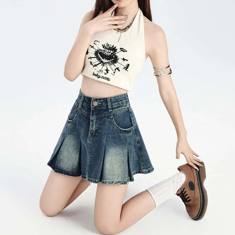 Cream-colored ribbed halter top with black embroidered heart and baby sweet text in vintage denim skirt high waist cream halter set
