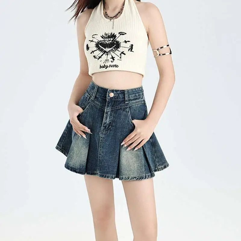 Cream-colored ribbed halter top with black embroidered heart and baby sweet text in vintage denim skirt high waist cream halter set