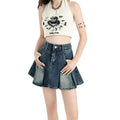 Blue denim pleated mini skirt with high waist and front pockets paired with vintage denim skirt cream halter set