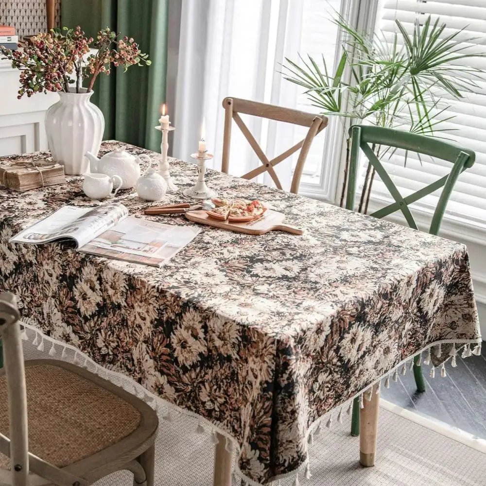 Vintage floral tassel rectangle tablecloth 55x70 with cream and brown pattern featuring delicate tassels on edges