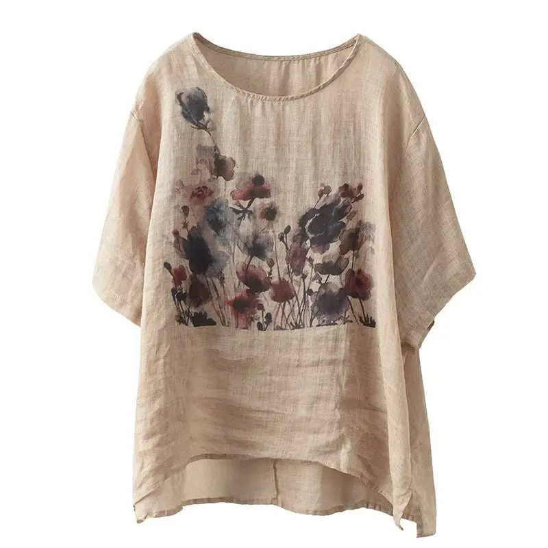 Beige linen vintage ink print floral t-shirt with soft muted red and purple watercolor-style floral design