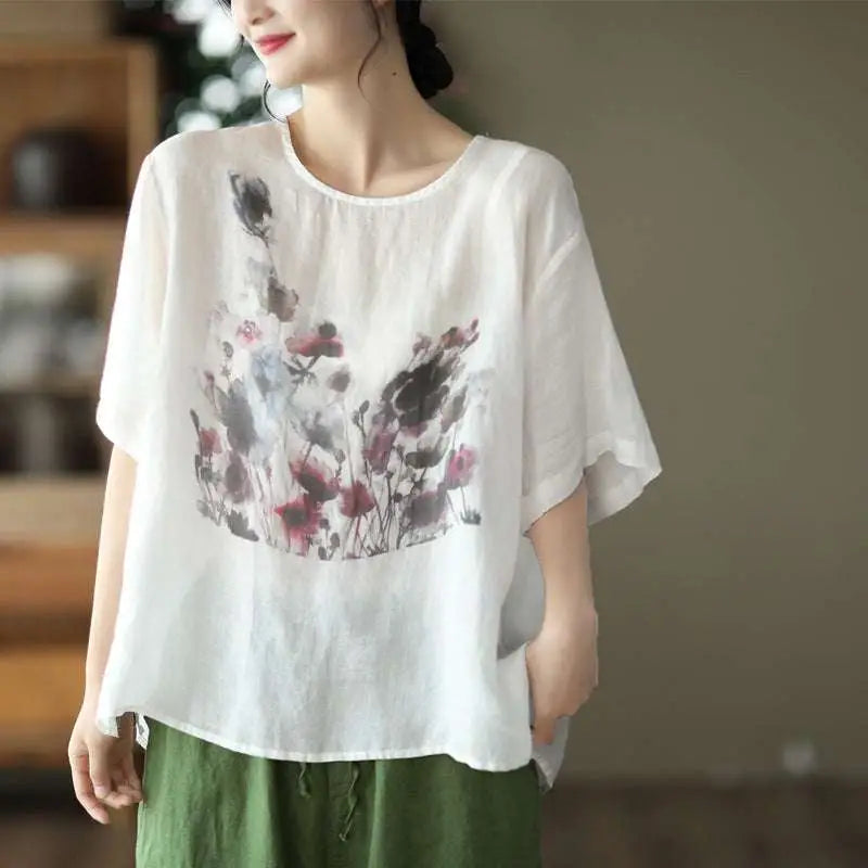White linen vintage ink print floral t-shirt with loose fit and pink purple gray watercolor floral design