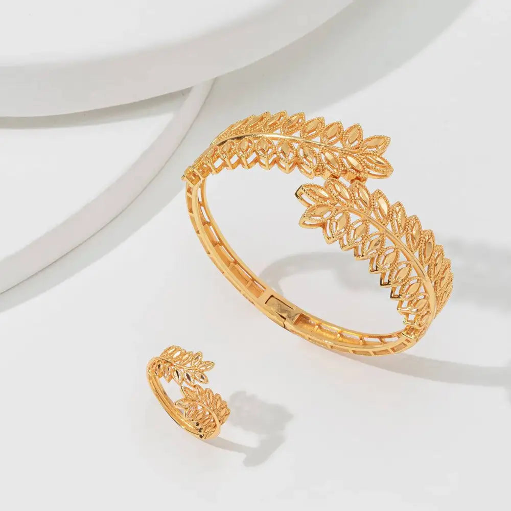Vintage wheat ear leaf gold bracelet and matching leaf gold bangle ring set in gold tone with detailed pattern