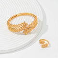 Vintage wheat ear leaf gold bracelet and ring set featuring gold leaf-patterned bangle with intricate filigree detailing