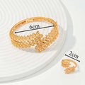 Vintage wheat ear leaf gold bracelet and ring set featuring intricate gold leaf openwork design in matching style