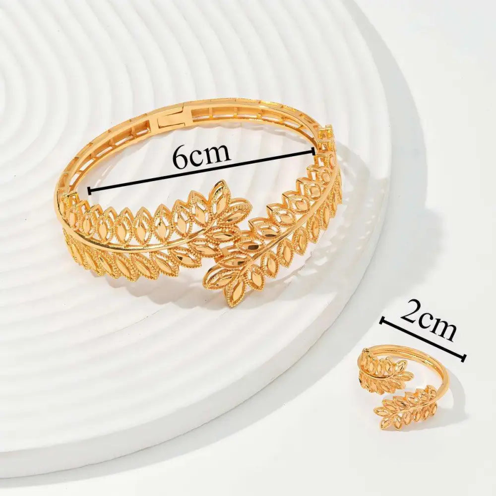 Vintage wheat ear leaf gold bracelet and ring set featuring intricate gold leaf openwork design in matching style
