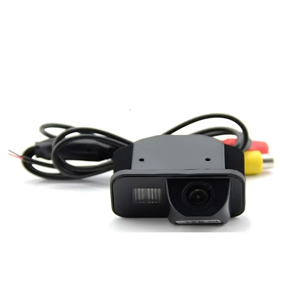 Black plastic vios reversing rear view camera shown from the back with rca connectors and a coiled cable