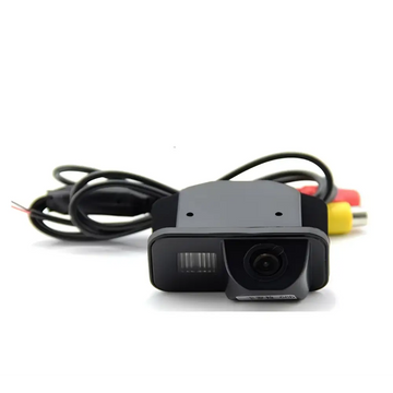Black plastic vios reversing rear view camera shown from the back with rca connectors and a coiled cable