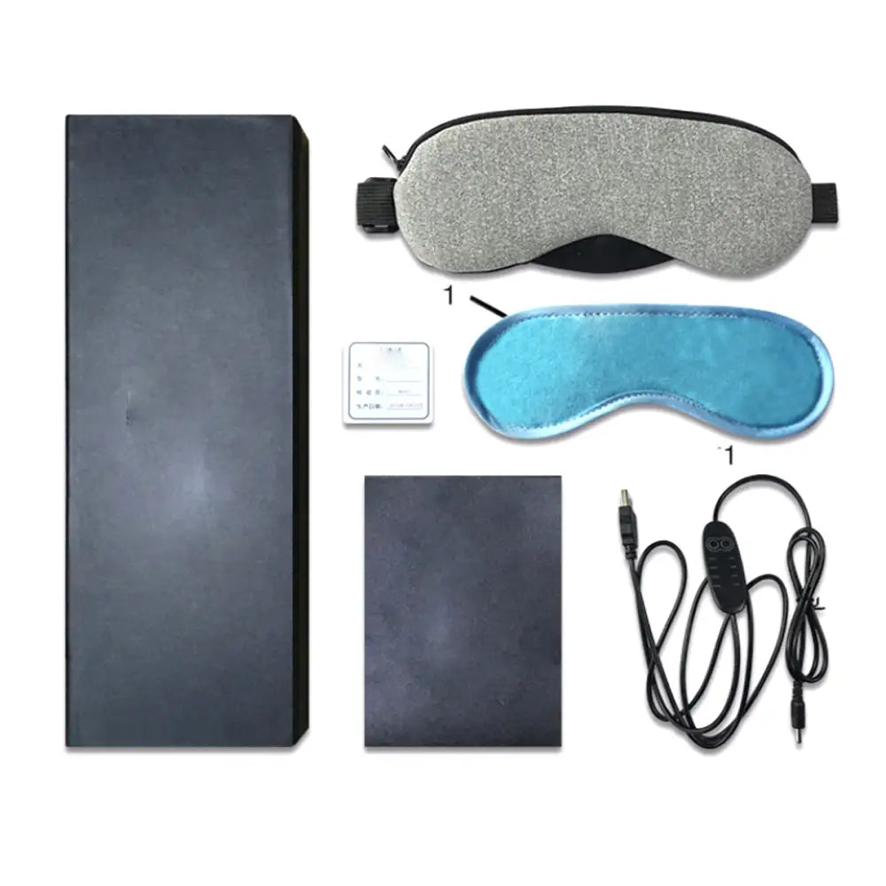 Silver glittery and blue velvet visionary smart eye massager masks with black elastic straps for relaxation and comfort