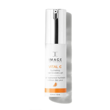 A sleek white and silver vital c hydrating eye recovery gel bottle with an orange accent for dark circles and puffiness