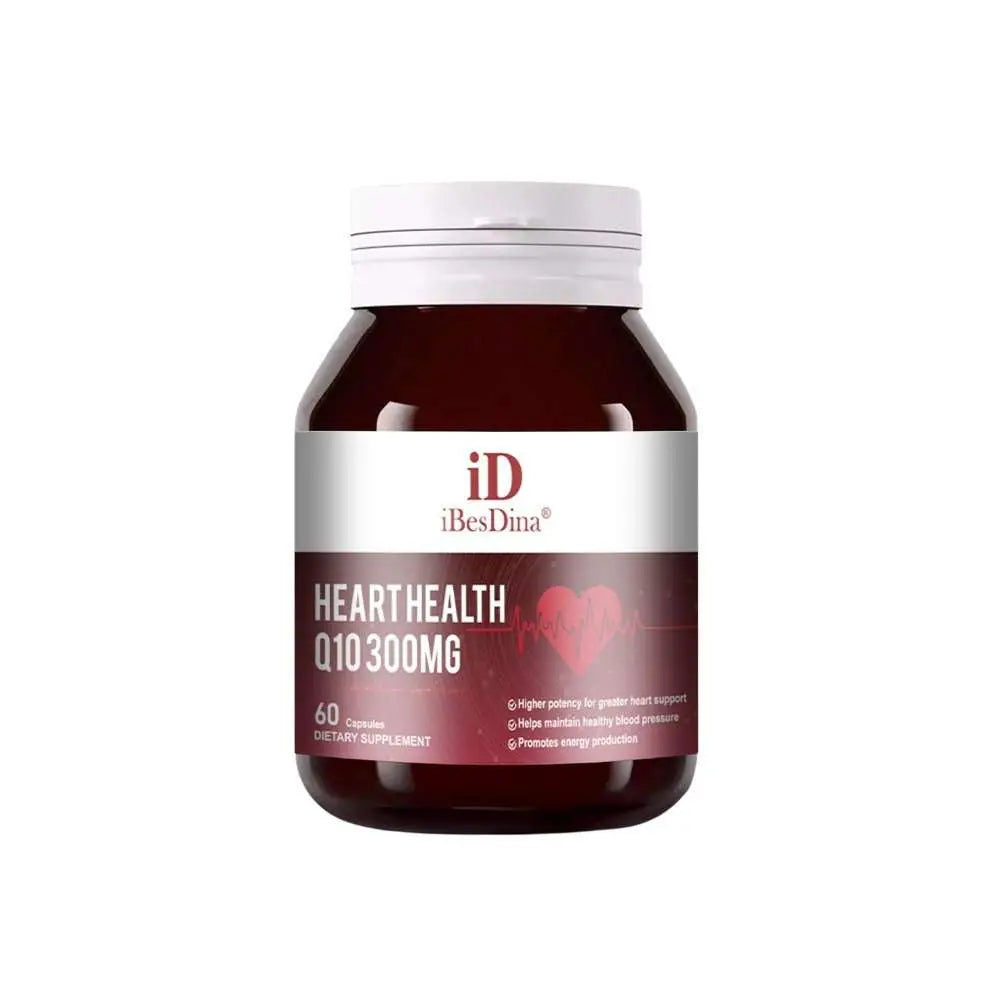 Dark brown glass bottle with white cap and silver label of ibesdina vitality coenzyme tablets for heart health and energy metabolism scenarios