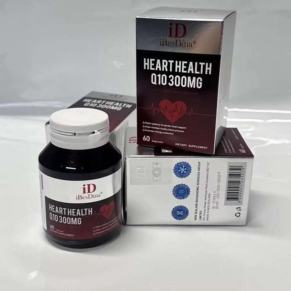 Black bottle with white cap labeled id ibesdina vitality coenzyme tablets with heart health q10 300mg for energy metabolism scenarios containing 60 capsules