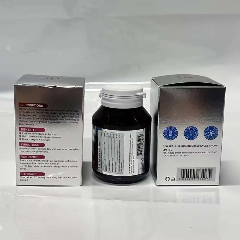 Black plastic bottle with white cap and silver label containing vitality coenzyme tablets for energy metabolism scenarios and heart health