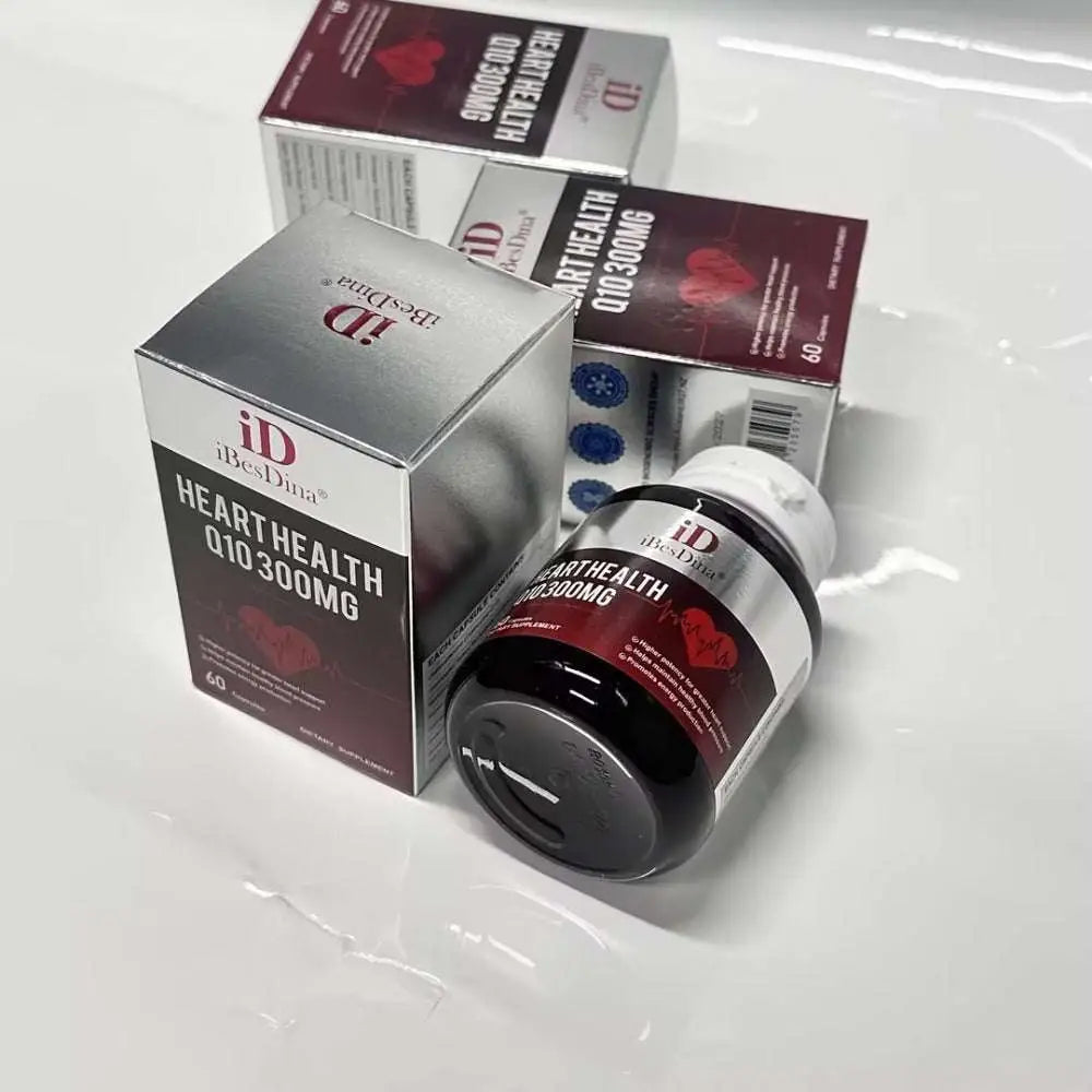 Dark brown glass bottle with white cap and silver label of ibesdina vitality coenzyme tablets for energy metabolism scenarios and heart health