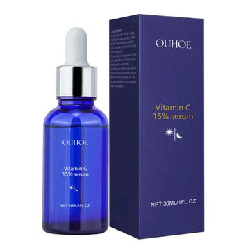 Blue glass bottle of ouhooe vitamin c 15% anti aging tightening liquid with silver dropper beside purple packaging