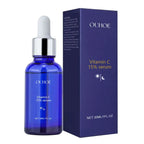 Blue glass bottle of ouhooe vitamin c 15% anti aging tightening liquid with silver dropper and purple packaging
