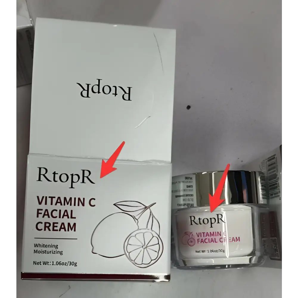 Rtopr vitamin c brightening face cream in a clear glass jar with silver lid and lemon illustrated white box by royale essence lux