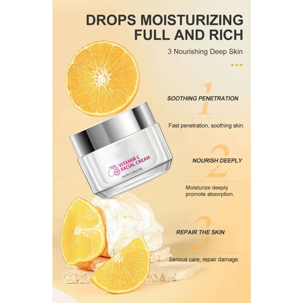 Silver-topped transparent jar of royale essence lux vitamin c brightening face cream with pink labeling 30g