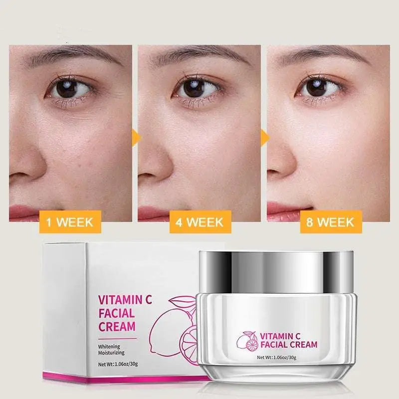 A sleek transparent glass jar with silver lid containing royale essence lux vitamin c brightening face cream 30g