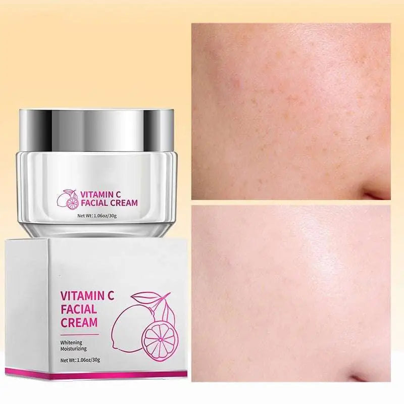 A sleek white jar with a silver lid labeled vitamin c brightening face cream by royale essence lux on a pink lemon box