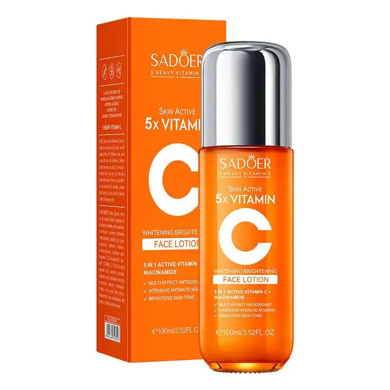 Orange sadoer 5x vitamin c whitening brightening face lotion in sleek bottle with silver cap in vitamin c whitening skin care gift box