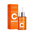 Sadoer 5x vitamin c whitening face serum in amber glass bottle with silver dropper beside matching orange rectangular box