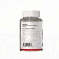 Clear plastic bottle with white ribbed cap and silver label contains red vitamin d3 k2 supplementing granules soft candy gummies