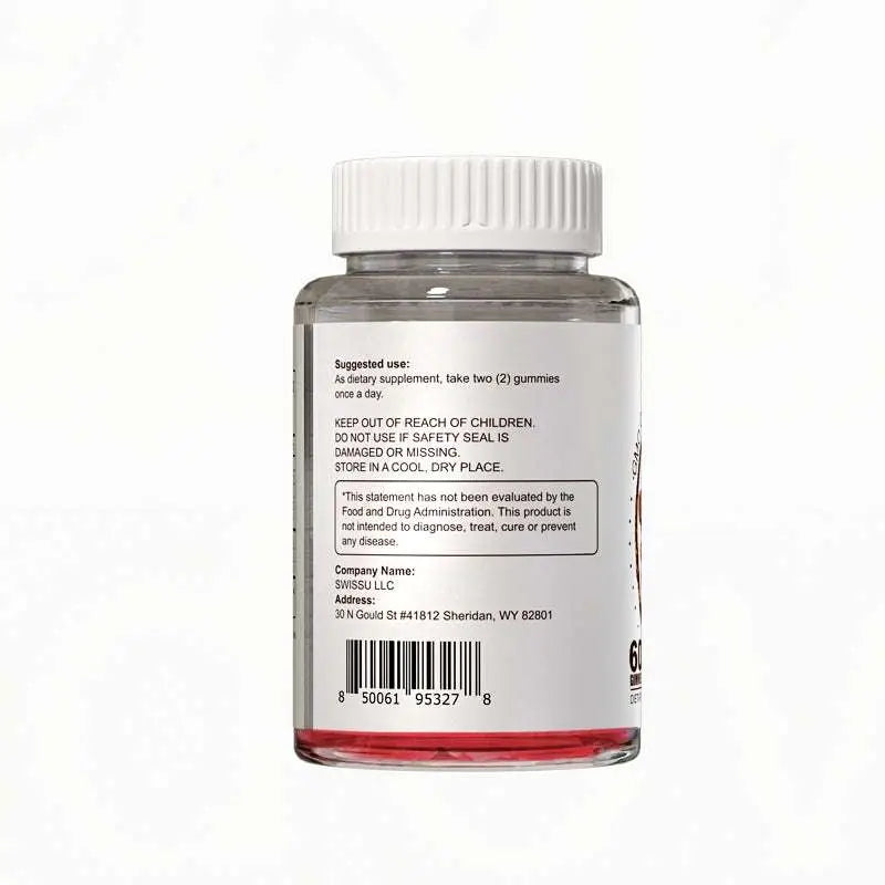 Clear plastic bottle with white ribbed cap and silver label contains red vitamin d3 k2 supplementing granules soft candy gummies
